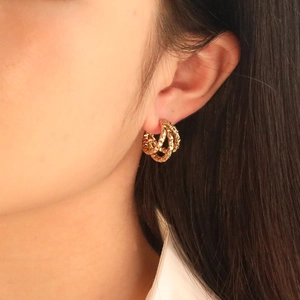 Geometric C Shaped Stud Earrings Triple Layered 18K Gold Plated Stainless Steel Textured French Style Jewelry For Women