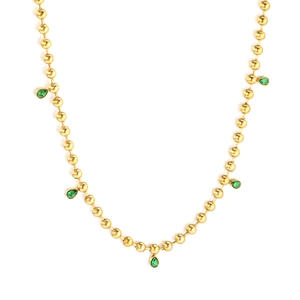 Vintage 18K gold-plated beaded necklace featuring five pear-cut emerald green gemstone pendants