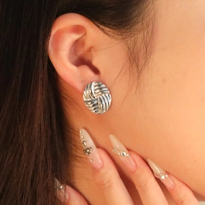 Exaggerated silver oval woven texture stud earrings in minimalist stainless steel