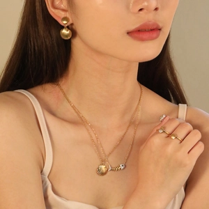Ocean Theme Fishbone Shell Pendant Necklace And Stud Earrings Stainless Steel Gold Plated Rhinestone Jewelry Women