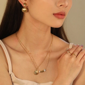 18K gold plated fishbone and shell jewelry set with necklace earrings and ring for women