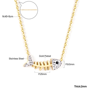Gold plated fishbone pendant necklace in stainless steel with white rhinestones