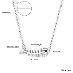 Macro view of crystal-set stainless steel fishbone necklace with 18K gold plating