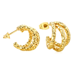 French geometric triple-row C-shaped stud earrings in 18K gold-plated stainless steel