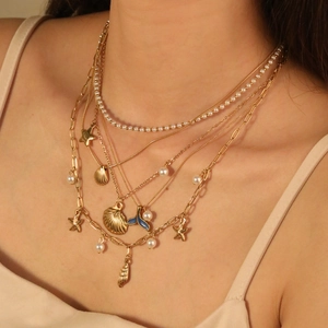 Stainless Steel Necklace Shell Starfish Whale Tail Blue Enamel Artificial Pearl Multilayer Ocean Jewelry For Women Gold Silver Toned