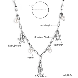 Detailed view showing dimensions of starfish and shell pendants on steel necklace