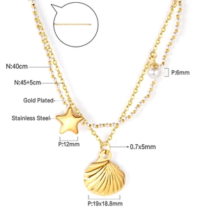 Double-layered 18K gold plated stainless steel necklace with seashell and starfish charms