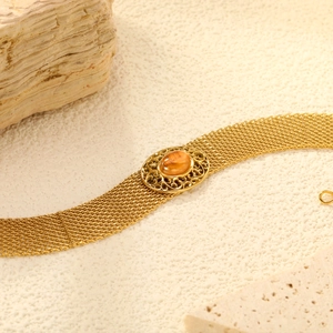 Retro 18K gold plated stainless steel mesh bracelet with oval orange gemstone detail