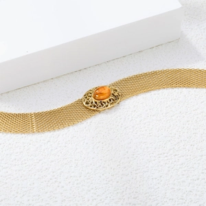 Retro watch-band style 18K gold-plated stainless steel bracelet with oval amber stone