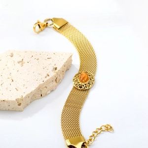 Retro 18K gold plated stainless steel mesh bracelet with oval amber stone inlay