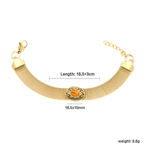 Retro 18K gold plated stainless steel mesh bracelet with oval amber stone inlay