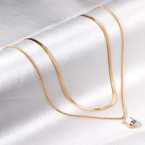 18K gold double layer necklace with herringbone chain and square zircon pendant