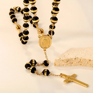 Rosary Necklace Stainless Steel Gold Cross Pendant Black Beads Religious Catholic Jewelry Virgin Mary Medal For Men Women