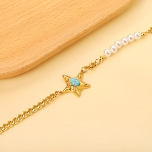Golden stainless steel chain bracelet with turquoise star pendant and elegant white pearls