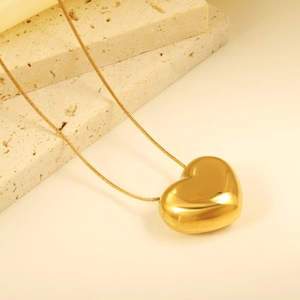 Heart Pendant Necklace Stainless Steel Puffed 3D Mirror Finish Snake Chain Elegant Minimalist Jewelry For Women