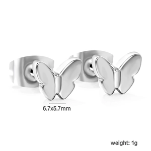 Macro detail of butterfly stud earrings showing dimensions 6.7x5.7mm and polished finish