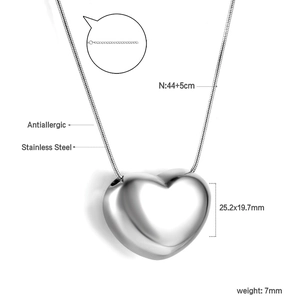 Detailed view of polished stainless steel heart pendant with 44+5cm chain dimensions