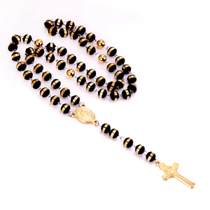 Vintage stainless steel rosary necklace with gold Virgin Mary medal and cross pendant