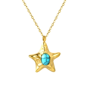 Golden starfish pendant necklace with turquoise stone and hammered texture for summer beach style