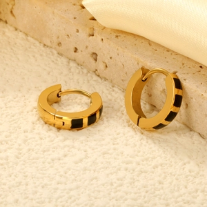 Classic 18K gold plated stainless steel huggie earrings with black enamel squares