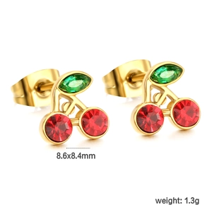 Modische Kirsch-Ohrstecker mit roten und grünen Kristallen in 8,6x8,4mm Goldbeschichtung