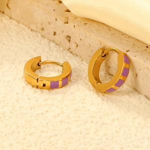 Classic gold stainless steel hoop earrings with purple square enamel inlay jewelry
