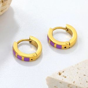 Polished gold stainless steel hoop earrings with purple enamel squares for women