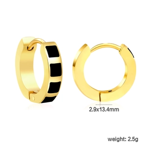 Detail of 2.9x13.4mm gold plated hoop earrings with black enamel square pattern