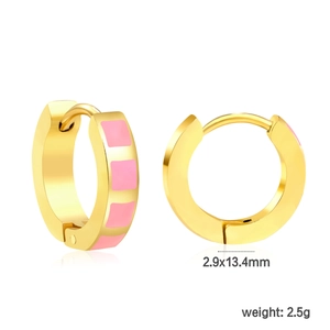 Detail view of 13.4mm gold plated hoop earrings with pink enamel square inlay patterns