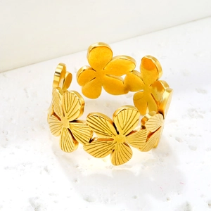 18K gold plated stainless steel floral open ring with engraved flower petals for women