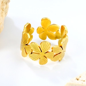 Detailed view of 18K gold plated stainless steel floral open ring with textured petals