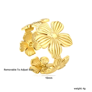 Vue détaillée bague fleur ajustable en or 18 carats avec poids 4g et largeur de 15mm