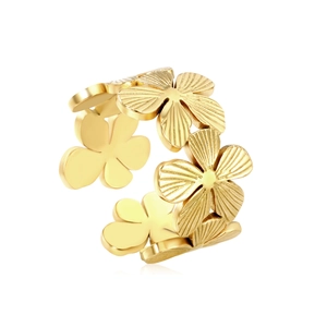 Adjustable golden flower ring for women with textured petals and open-end design