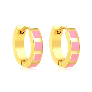 Gold huggie hoop earrings with pink enamel square patterns and a polished metallic finish