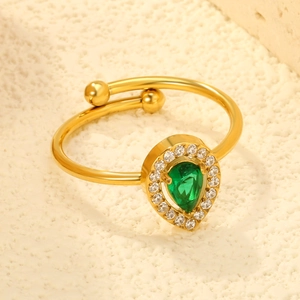 Adjustable gold stainless steel ring with pear-shaped green zircon and white stone halo