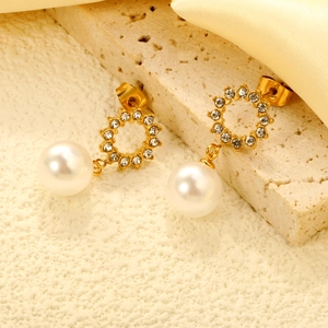 Artificial Pearl Drop Earrings Stainless Steel Retro Geometric Rhinestone Inlaid Circle Studs Elegant French Style Jewelry For Women