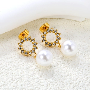 French luxury pearl drop earrings with gold rhinestone hoops and round white pearls