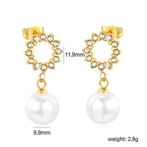 French luxury pearl drop earrings with crystal pavé gold hoops and 9.9mm pearls