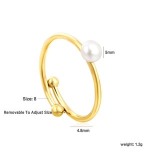 Detail view of 18K gold-plated adjustable ring with a 5mm freshwater pearl and size info