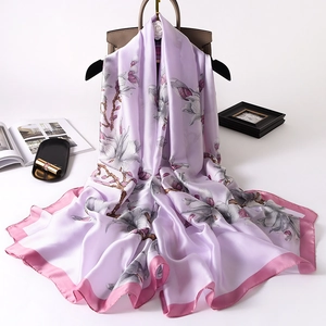 Elegant lavender silk scarf with magnolia floral print and dark pink border for women