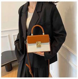Model showing contrast color handbag with pleated texture and golden metal buckle detail
