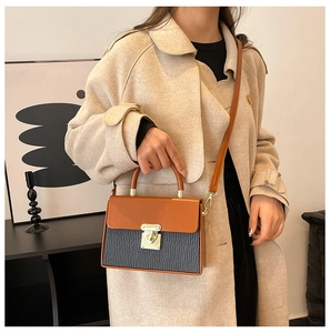 Detail view of contrast color box bag with gold metal lock and brown leather handle