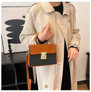Detail of a brown and black contrast leather crossbody box bag with gold metal buckle
