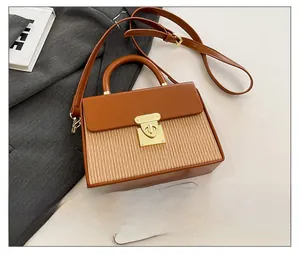 Detail of a brown two-tone box bag with pleated texture and gold rotating metal clasp