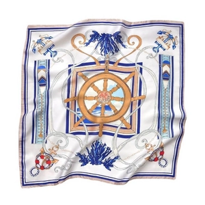 Elegant nautical silk square scarf featuring anchor, rudder and rope patterns on ivory white