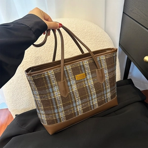 Sac Fourre-tout Vintage en Laine à Carreaux Grande Capacité Bordure Similicuir Mode Femme Style Collège Sac à Épaule