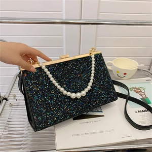 Women Fashion Sequin Evening Bag Elegant Artificial Pearl Handle Rhinestone Clutch Purse Small Square Shoulder Crossbody Bag For Wedding Party