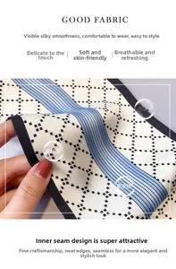 Détail d'un foulard en soie géométrique bleu et blanc avec couture intérieure nette