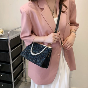 Sparkling black sequin crossbody handbag with pearl chain and gold metal hardware