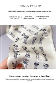 Detail of soft breathable silk fabric with fashionable cartoon cat print and fine stitching